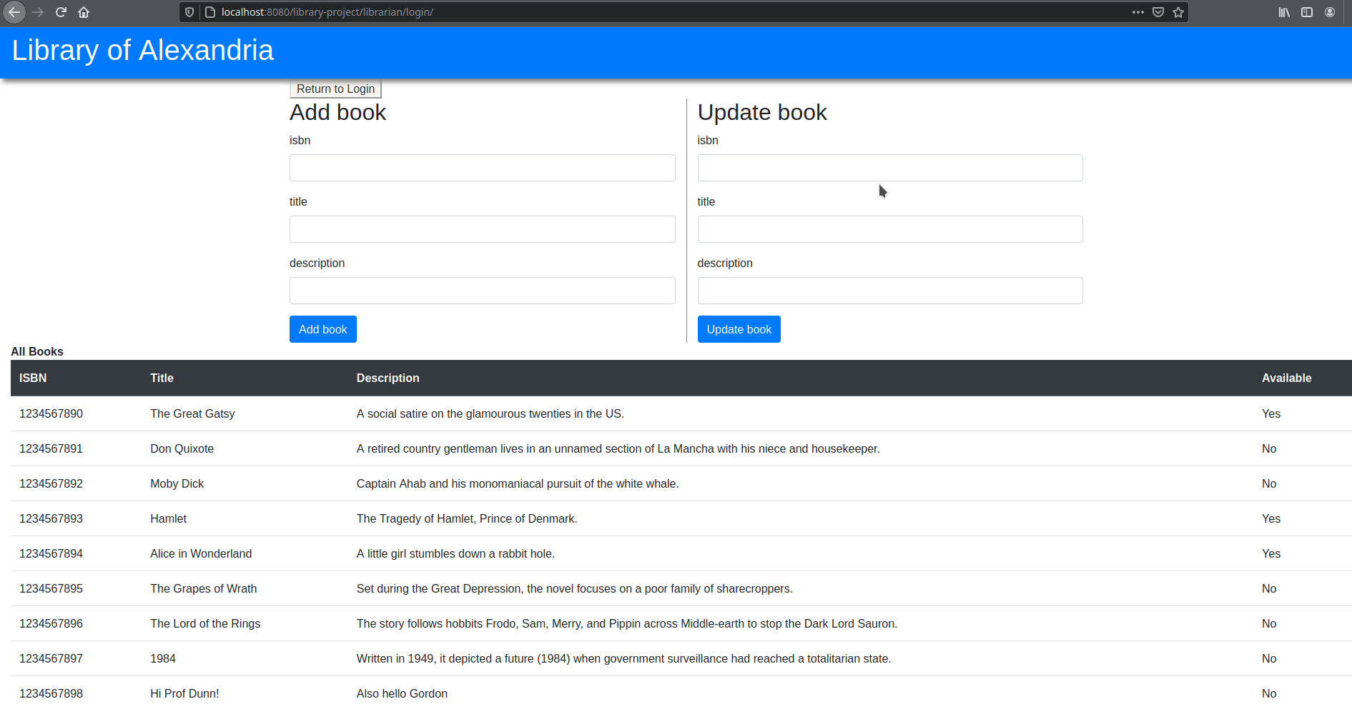 Librarian account page.